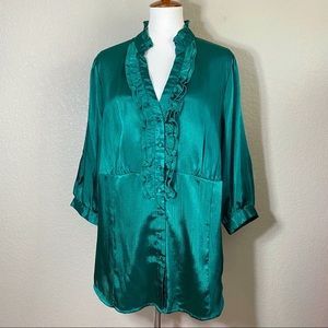 Emerald Green Satin Ruffle V-Neck Tunic Shirt
